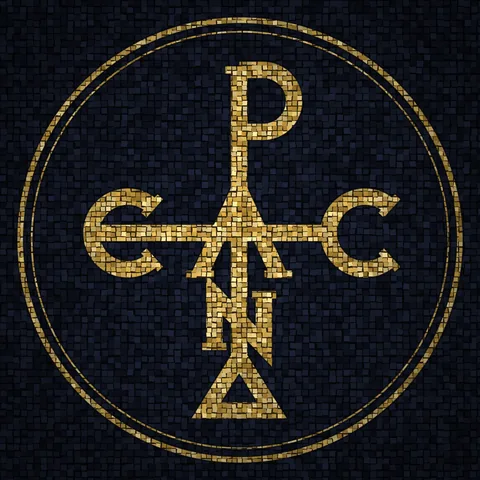 The author's mark: a gold mosaic monogram of the Greek name Andreas, arranged around a cross