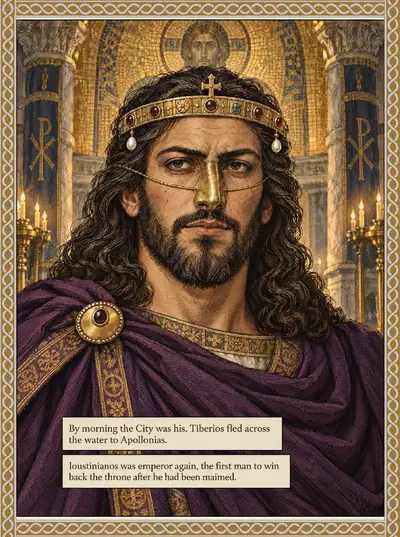 Ioustinianos, emperor again, the first man to win back the throne after he had been maimed.