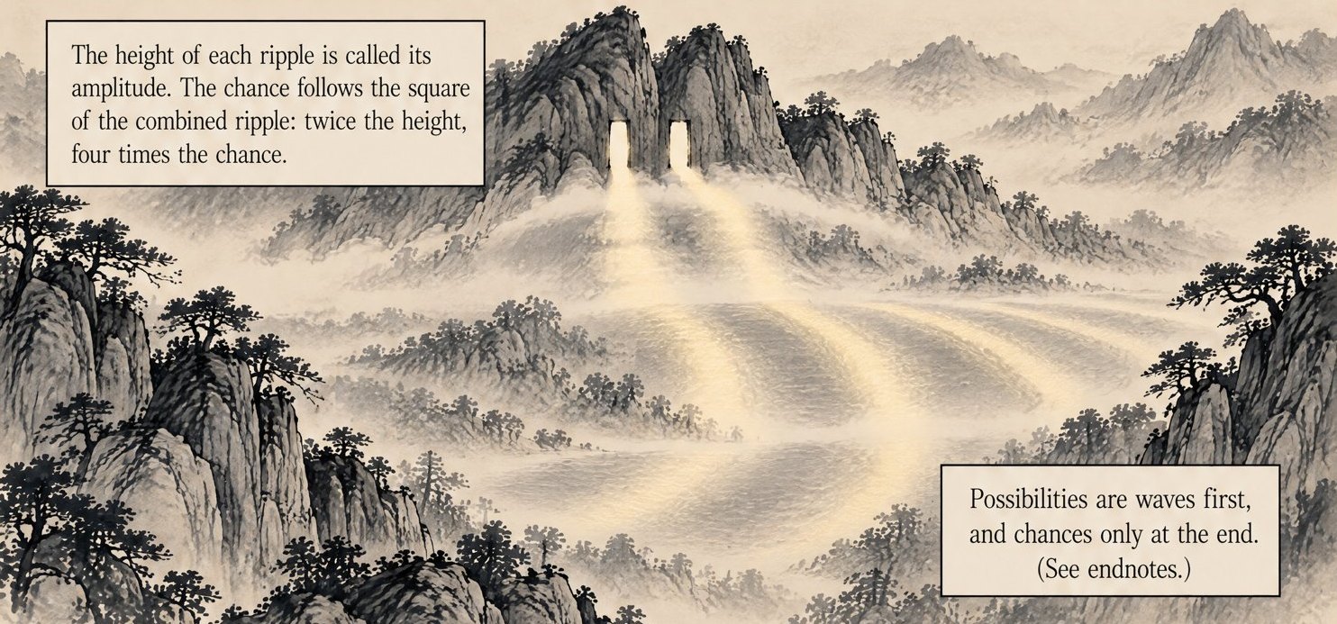 From the book: gold mist pours through two gaps in a mountain ridge and settles across the valley in soft bands. Lettering: The height of each ripple is called its amplitude. The chance follows the square of the combined ripple: twice the height, four times the chance. Possibilities are waves first, and chances only at the end.
