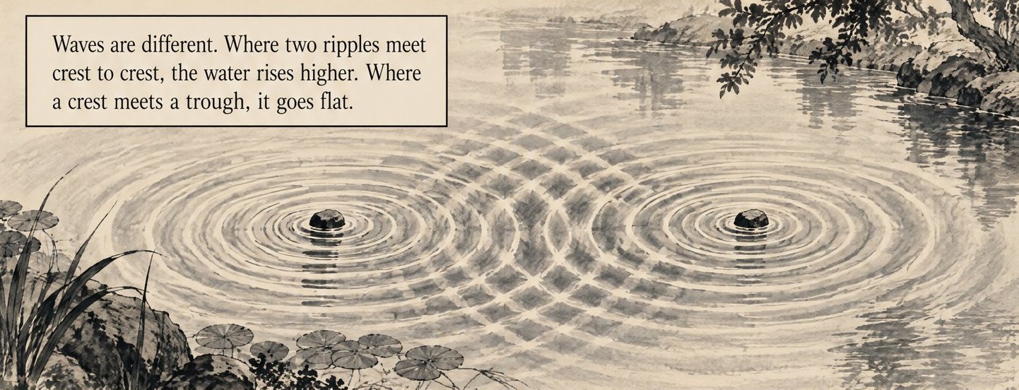 From the book: two stones in a still pond send out rings of ripples that cross in a criss-cross pattern. Lettering: Waves are different. Where two ripples meet crest to crest, the water rises higher. Where a crest meets a trough, it goes flat.
