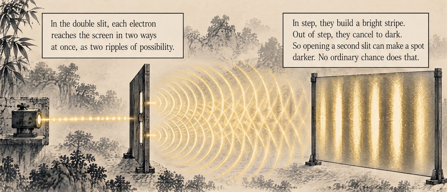 From the book: in a misty ink landscape, a lamp sends a line of gold dots to a wooden wall with two slits. Gold ripples spread from both slits and cross, and the screen beyond shows bright and dark gold stripes. Lettering: In the double slit, each electron reaches the screen in two ways at once, as two ripples of possibility. In step, they build a bright stripe. Out of step, they cancel to dark. So opening a second slit can make a spot darker. No ordinary chance does that.