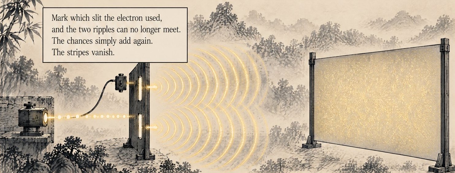 From the book: the same lamp and two slits, now with a small detector wired to the wall. The ripples spread from both slits but the screen beyond glows evenly, with no stripes. Lettering: Mark which slit the electron used, and the two ripples can no longer meet. The chances simply add again. The stripes vanish.