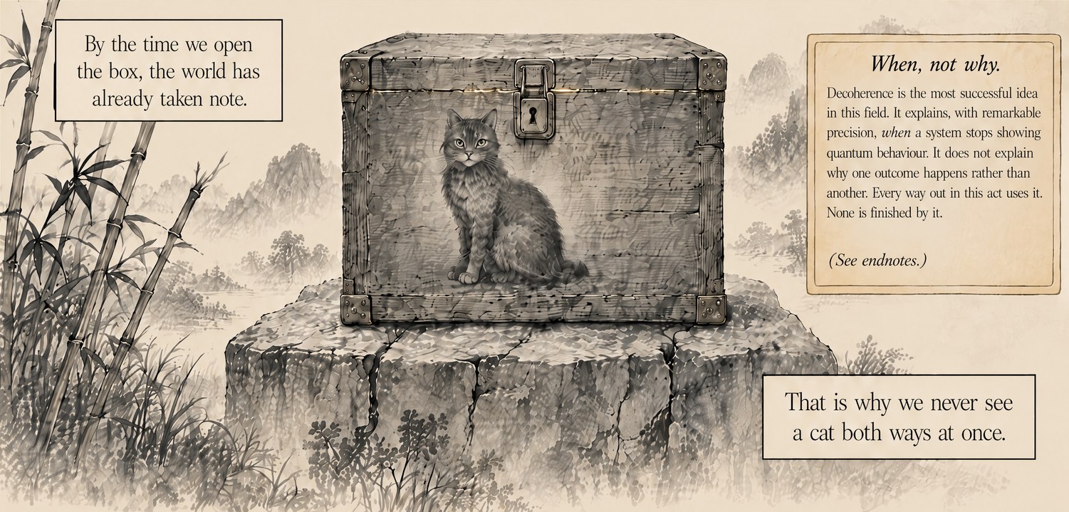 From the book: a cat drawn on the side of a closed wooden box on a stone plinth, with a thin gold line at the lid. Lettering: By the time we open the box, the world has already taken note. That is why we never see a cat both ways at once. A card reads: When, not why. Decoherence explains when a system stops showing quantum behaviour, not why one outcome happens rather than another.