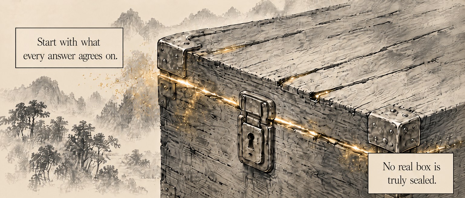 An ink drawing of a heavy wooden chest with iron corners and a lock. Gold light leaks out along the seam of its lid and drifts away towards misty hills. Lettering: Start with what every answer agrees on. No real box is truly sealed.