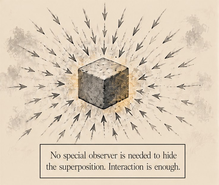 From the book: a small stone cube struck by ink arrows from every side, with a faint gold glow at its centre. Lettering: No special observer is needed to hide the superposition. Interaction is enough.