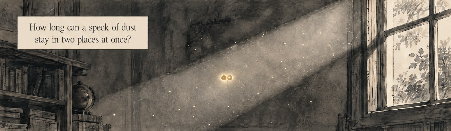 From the book: a dim study with a sunbeam slanting in through a window, full of floating dust. One speck glows as two gold dots side by side. Lettering: How long can a speck of dust stay in two places at once?