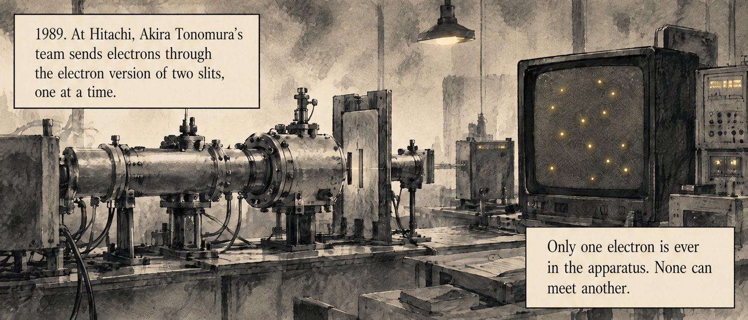 From the book: a laboratory with a long metal electron instrument on a bench and a monitor showing a few scattered gold dots. Lettering: 1989. At Hitachi, Akira Tonomura's team sends electrons through the electron version of two slits, one at a time. Only one electron is ever in the apparatus. None can meet another.