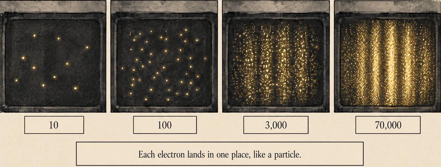 From the book: four monitor screens. After 10 and 100 electrons the gold dots are scattered. After 3,000 faint stripes show, and after 70,000 there are bright gold stripes. Lettering: Each electron lands in one place, like a particle.