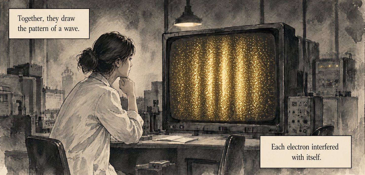 From the book: a scientist in a white coat, chin on hand, watches a large monitor glowing with gold stripes made of countless dots. Lettering: Together, they draw the pattern of a wave. Each electron interfered with itself.