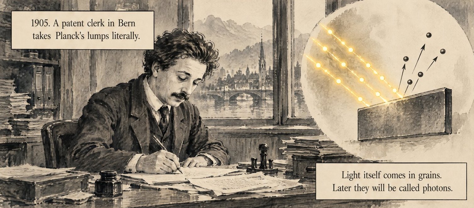 An ink drawing of Einstein writing at his desk in the Bern patent office, with the river, a bridge and a spire in the window behind him. In a bright circle, gold grains of light stream onto a metal plate and dark electrons fly off it. Lettering: 1905. A patent clerk in Bern takes Planck's lumps literally. Light itself comes in grains. Later they will be called photons.
