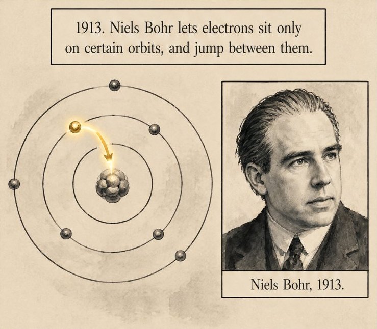 From the book: Bohr's 1913 picture of an atom, rings around a central nucleus, with a gold electron leaping from an outer ring to an inner one, beside a portrait of Niels Bohr. Lettering: 1913. Niels Bohr lets electrons sit only on certain orbits, and jump between them. Niels Bohr, 1913.