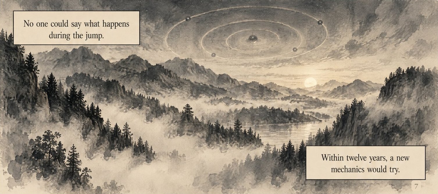 From the book: misty mountains, forest and a lake at dawn, with faint rings like Bohr's orbits drawn in the sky. Lettering: No one could say what happens during the jump. Within twelve years, a new mechanics would try.