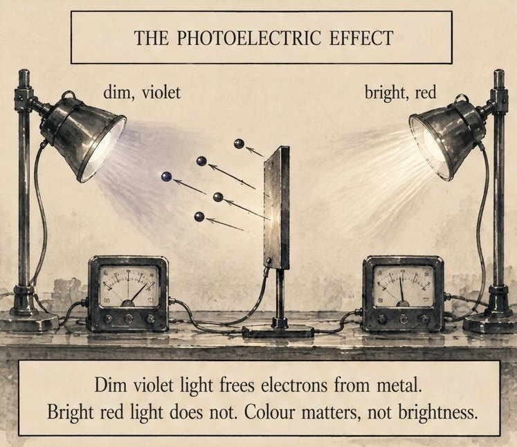 From the book: two lamps aim at a metal plate wired to two meters. A dim violet lamp on the left knocks electrons off the plate and its meter needle swings. A bright red lamp on the right frees none. Lettering: The photoelectric effect. Dim violet light frees electrons from metal. Bright red light does not. Colour matters, not brightness.