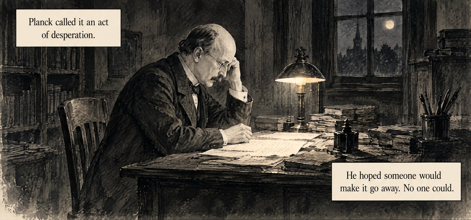 From the book: Planck at his desk at night under a lamp, head in hand. Lettering: Planck called it an act of desperation. He hoped someone would make it go away. No one could.