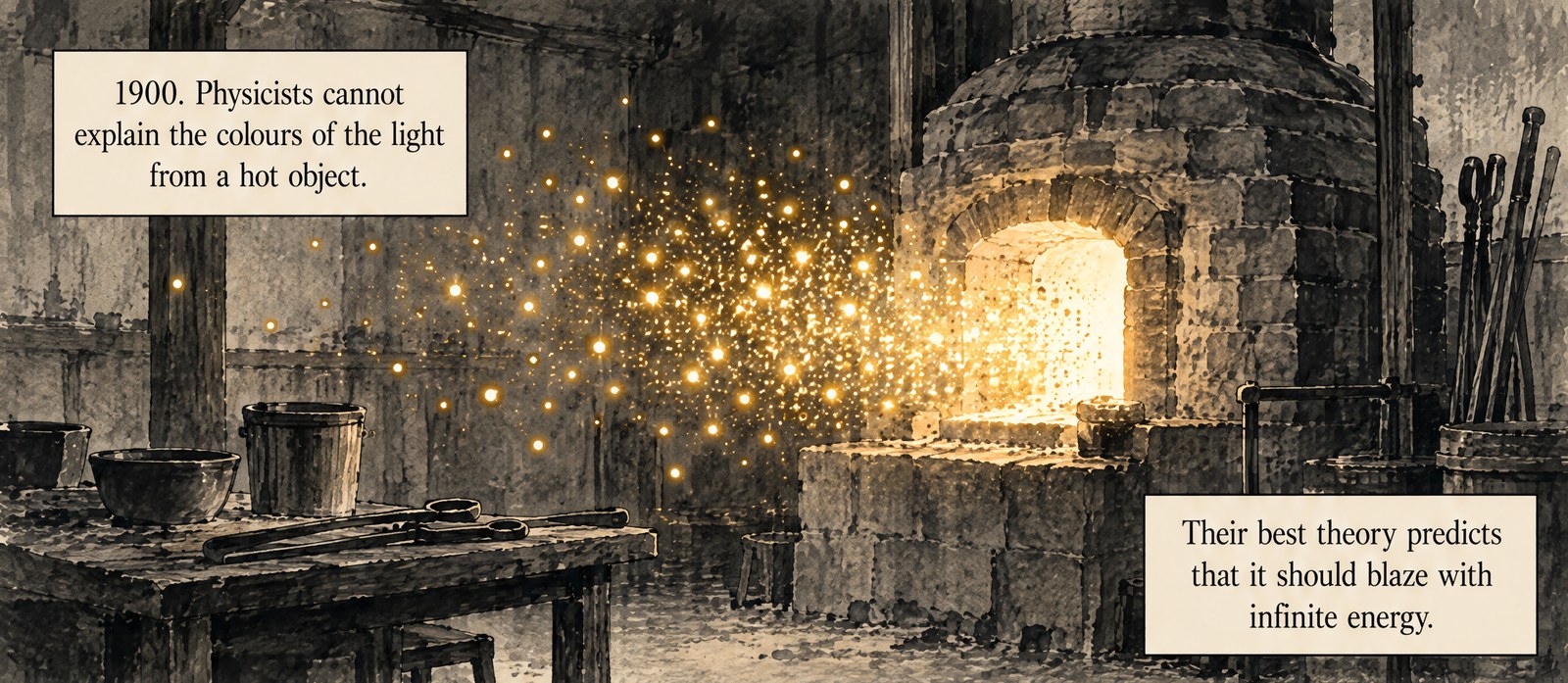 An ink drawing of a brick kiln with its mouth glowing, gold sparks streaming out into a dark workshop. Two lettering boxes read: 1900. Physicists cannot explain the colours of the light from a hot object. Their best theory predicts that it should blaze with infinite energy.