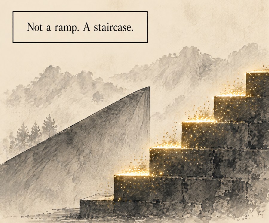 From the book: a smooth stone ramp in plain ink beside a staircase whose steps glow gold. Lettering: Not a ramp. A staircase.