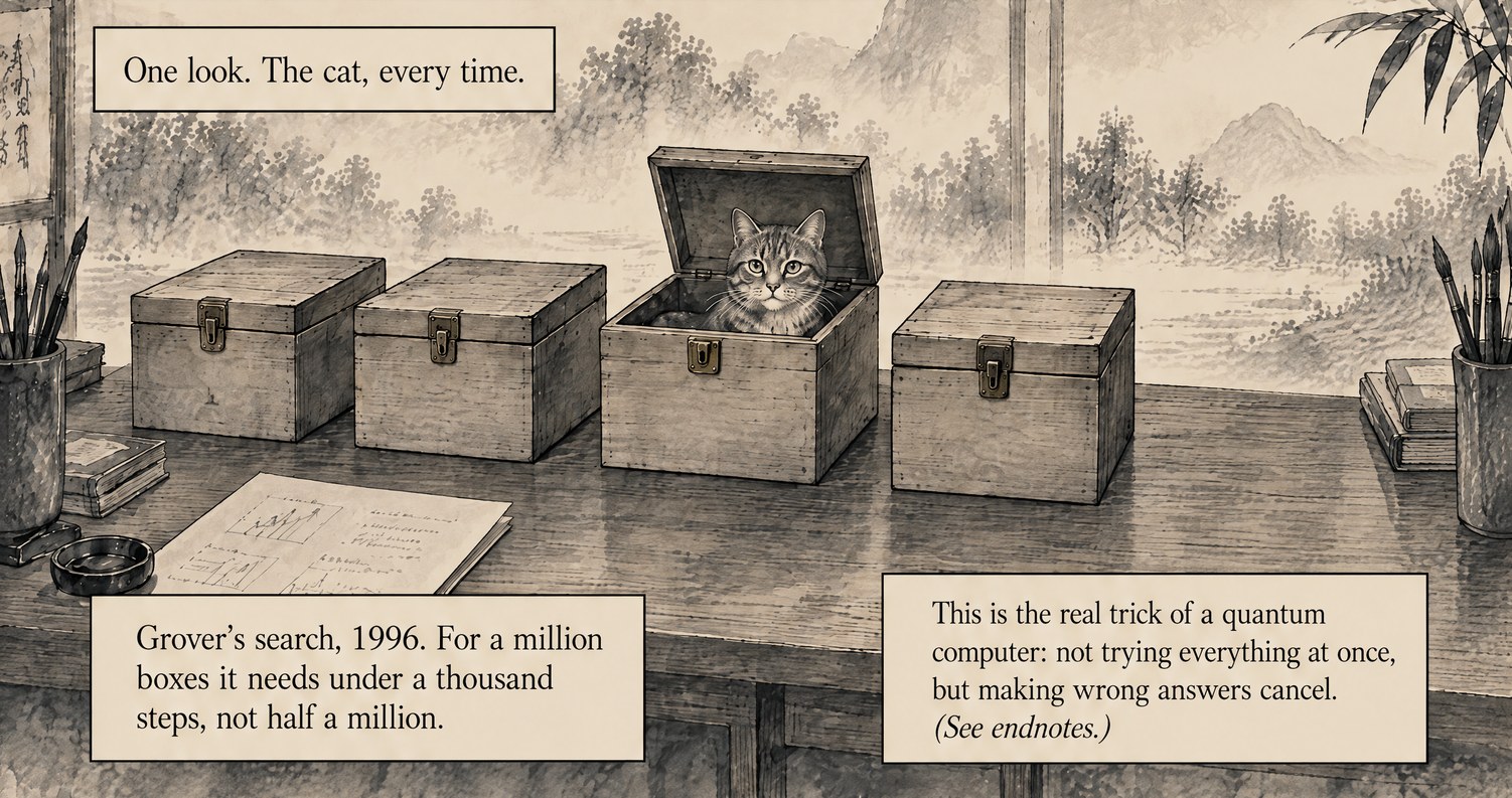 From the book: four wooden boxes on a desk. Box 3 stands open and a tabby cat looks out. Lettering: One look. The cat, every time. Grover's search, 1996. For a million boxes it needs under a thousand steps, not half a million. This is the real trick of a quantum computer: not trying everything at once, but making wrong answers cancel.