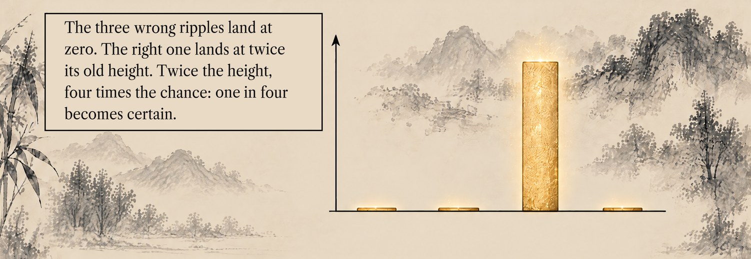 From the book: the same chart after the mirror. Three bars have shrunk to nothing and the third stands twice as tall as before. Lettering: The three wrong ripples land at zero. The right one lands at twice its old height. Twice the height, four times the chance: one in four becomes certain.
