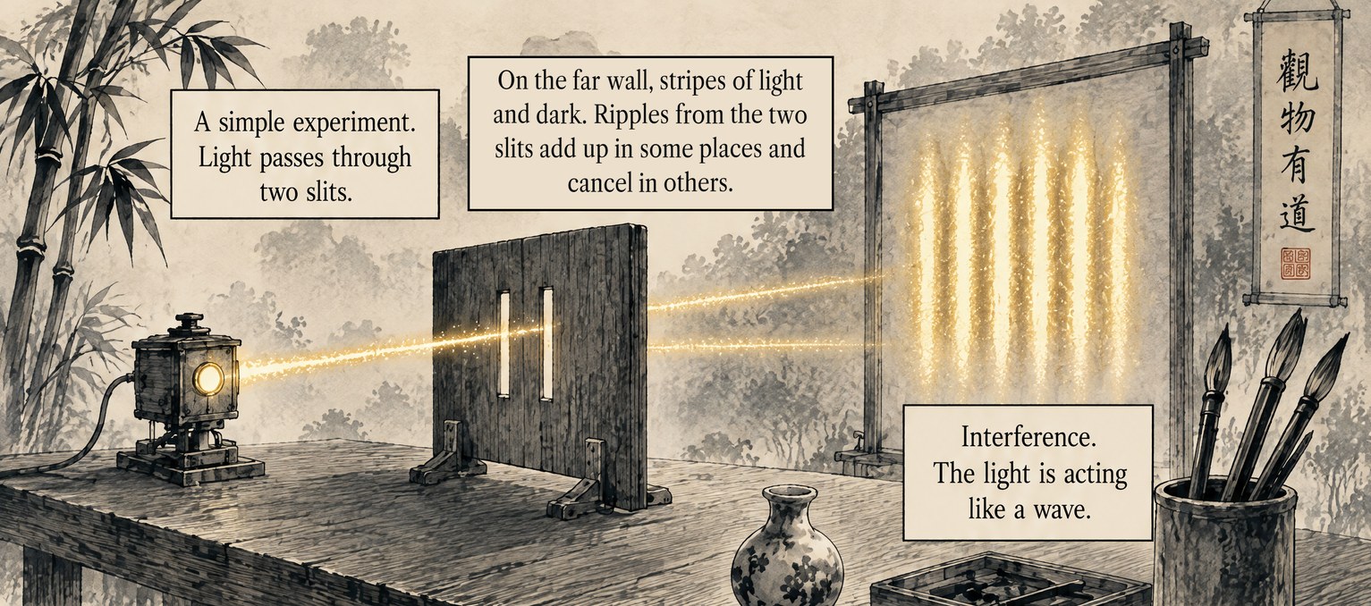 An ink drawing of a workbench. A lamp shines a gold beam through a wooden board with two slits, and gold stripes glow on a screen behind it. Lettering: A simple experiment. Light passes through two slits. On the far wall, stripes of light and dark. Ripples from the two slits add up in some places and cancel in others. Interference. The light is acting like a wave.