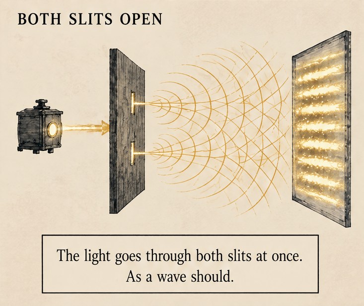 From the book, a panel titled Both slits open. A lamp shines on a board with two slits, gold ripples spread from each slit and cross, and gold stripes glow on the screen. Lettering: The light goes through both slits at once. As a wave should.
