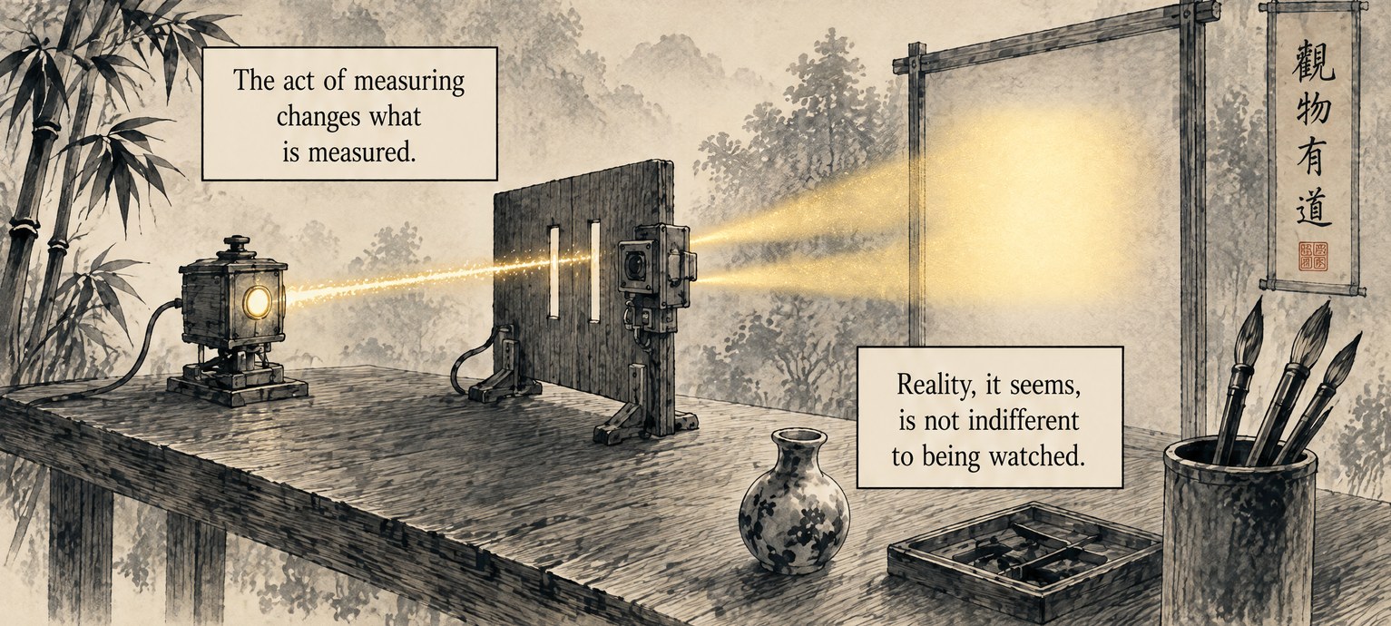 From the book: the lamp, the slit board with a detector fixed to it, and one broad, even glow on the screen, beside a hanging scroll. Lettering: The act of measuring changes what is measured. Reality, it seems, is not indifferent to being watched.