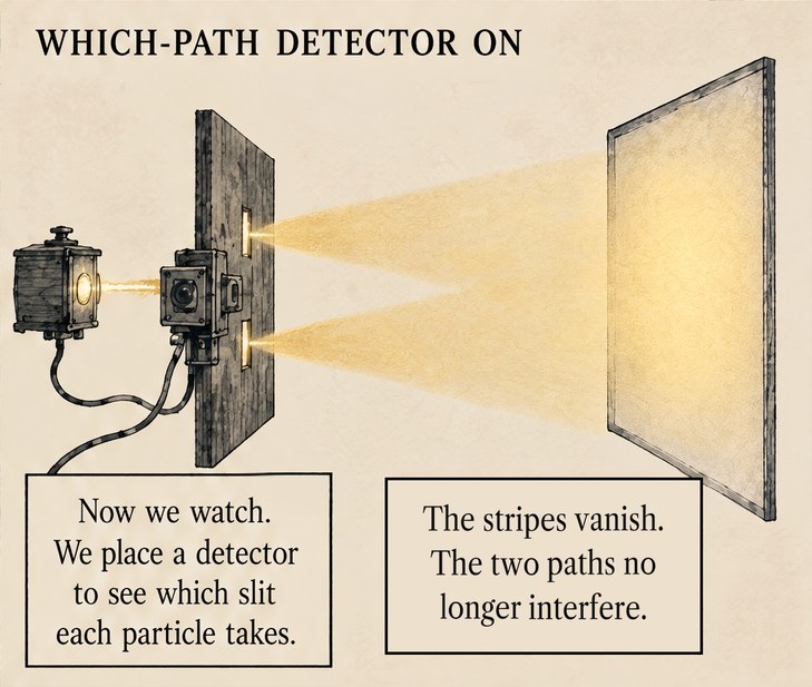 From the book, a panel titled Which-path detector on. A detector is fixed to the board beside the slits. Two soft fans of light leave the slits and make one broad, even glow on the screen, with no stripes. Lettering: Now we watch. We place a detector to see which slit each particle takes. The stripes vanish. The two paths no longer interfere.