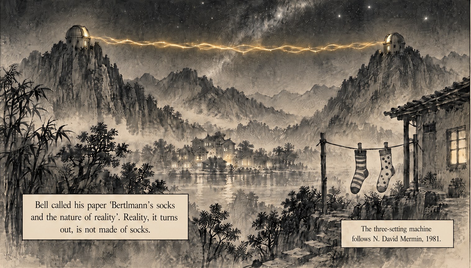From the book: a starry night over ink mountains. Two observatories on distant peaks are joined by a thread of gold light. Below, a striped sock and a spotted sock hang on a washing line beside a cottage. Lettering: Bell called his paper 'Bertlmann's socks and the nature of reality'. Reality, it turns out, is not made of socks. The three-setting machine follows N. David Mermin, 1981.