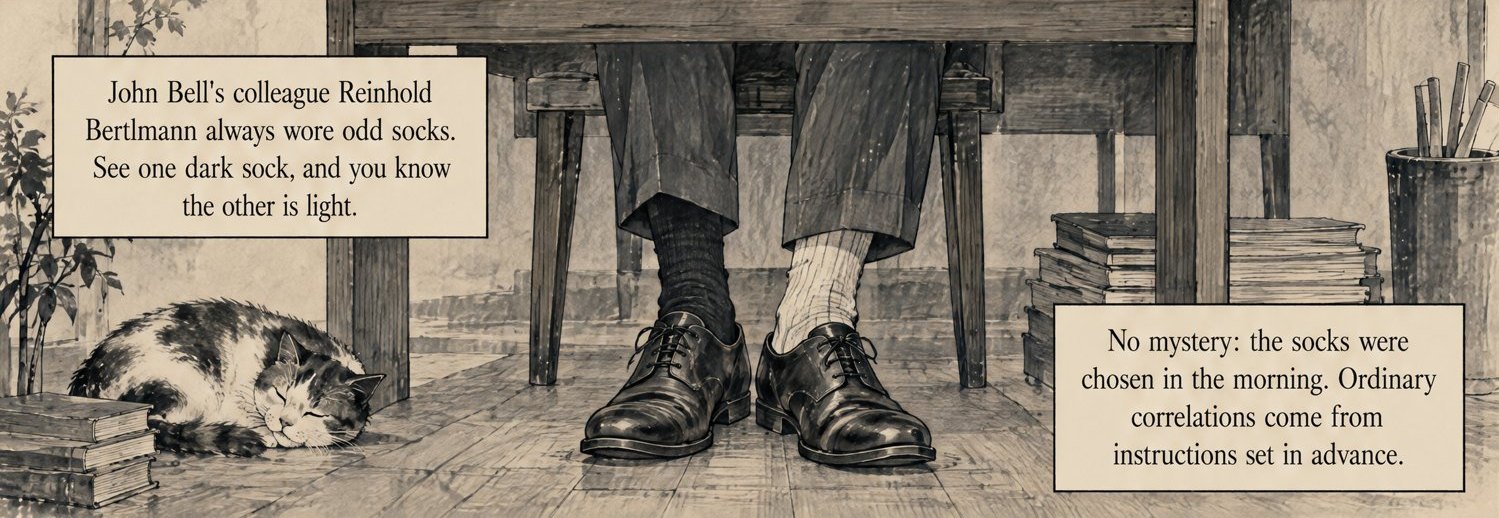 From the book: a man's feet under a desk, one in a dark sock and one in a light sock, with a cat asleep beside books. Lettering: John Bell's colleague Reinhold Bertlmann always wore odd socks. See one dark sock, and you know the other is light. No mystery: the socks were chosen in the morning. Ordinary correlations come from instructions set in advance.