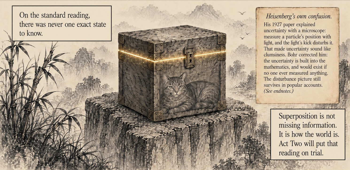 From the book: a wooden box with a glowing gold seam and a cat drawn on its side, on a stone plinth among bamboo and misty hills. Lettering: On the standard reading, there was never one exact state to know. A card headed Heisenberg's own confusion tells the microscope story and Bohr's correction. Superposition is not missing information. It is how the world is. Act Two will put that reading on trial.
