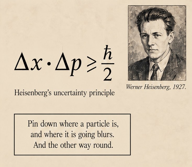 From the book: the formula delta x times delta p is at least h-bar over two, labelled Heisenberg's uncertainty principle, beside an ink portrait captioned Werner Heisenberg, 1927. Lettering: Pin down where a particle is, and where it is going blurs. And the other way round.