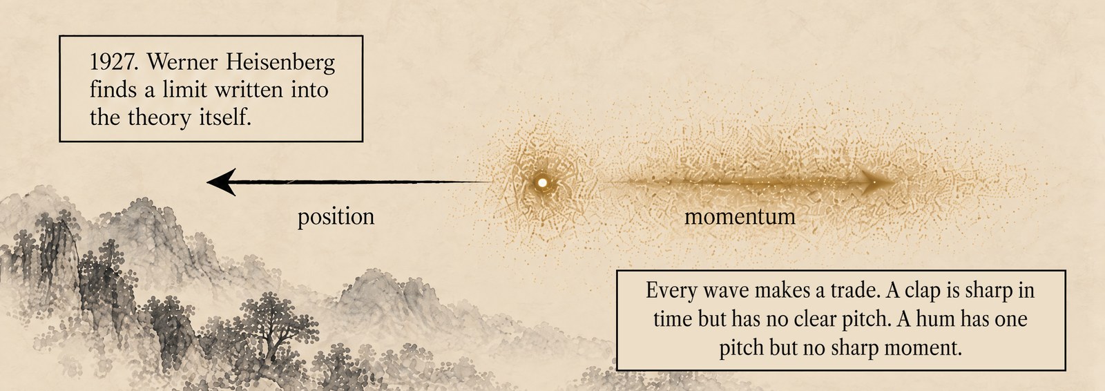 From the book: an ink drawing of misty hills. A glowing gold dot sits in a haze of gold grains, with a black arrow pointing left labelled position and a blurred gold arrow pointing right labelled momentum. Lettering: 1927. Werner Heisenberg finds a limit written into the theory itself. Every wave makes a trade. A clap is sharp in time but has no clear pitch. A hum has one pitch but no sharp moment.