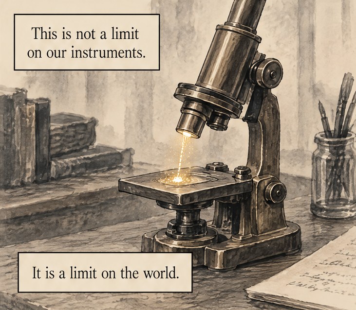 From the book: a brass microscope on a desk, a gold grain of light falling from its lens onto the slide. Lettering: This is not a limit on our instruments. It is a limit on the world.
